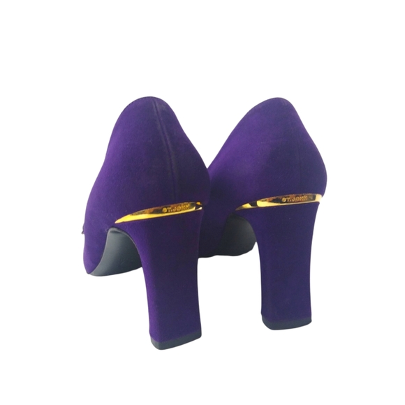 St. John Womens Purple Gold Leather Suede Square Heels Pointed Toe Shoe Size 6B - Picture 7 of 12